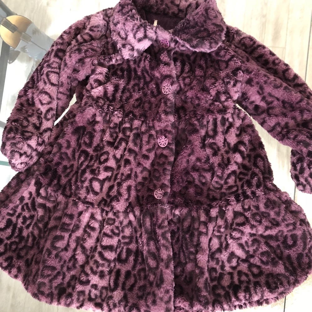 Faux Fur Purple Leopard Peplum Flower Button Coat